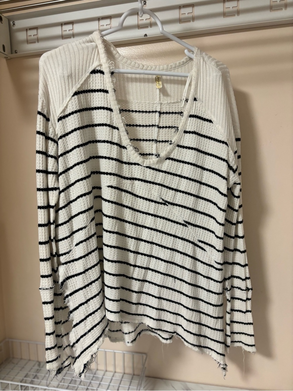 Free People Cream & Black Distressed Striped V-Neck Pullover